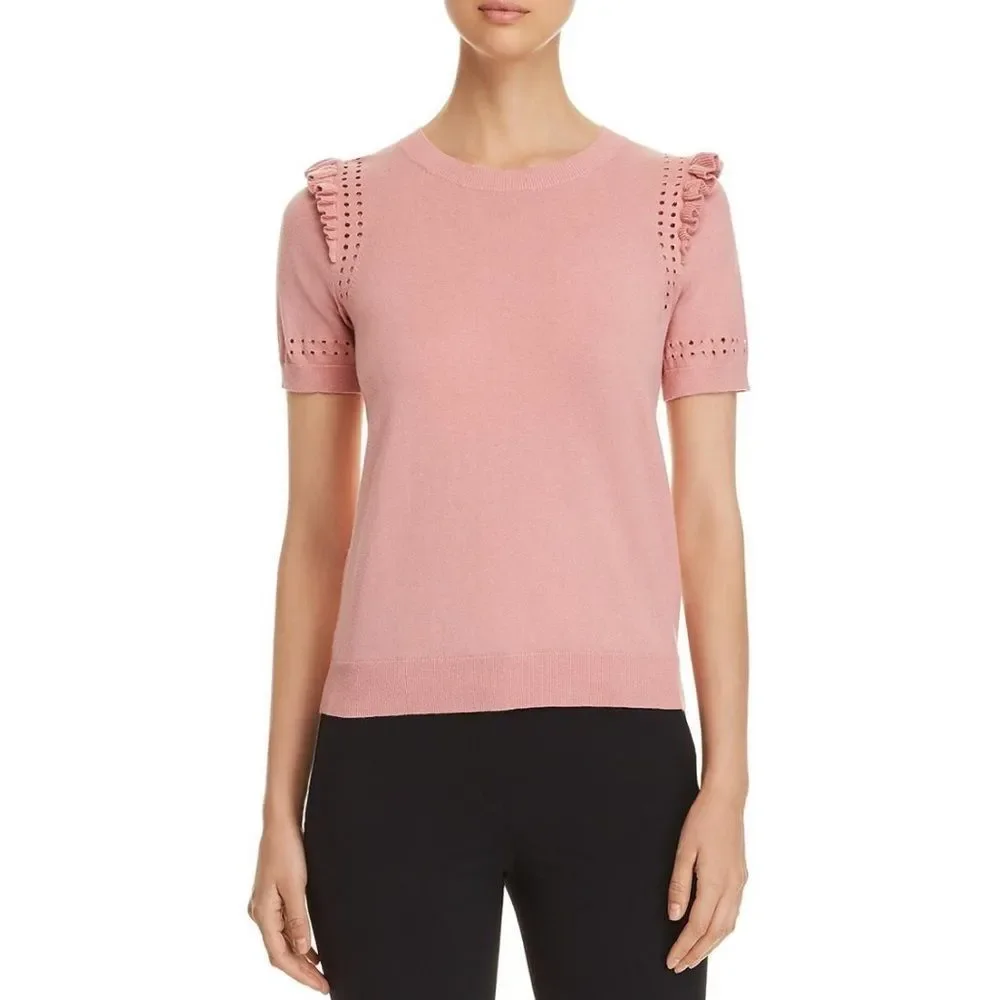 Kate Spade Light Pink Eyelet Ruffle Short Sleeve Sweater size XXL NWT Crew Neck
